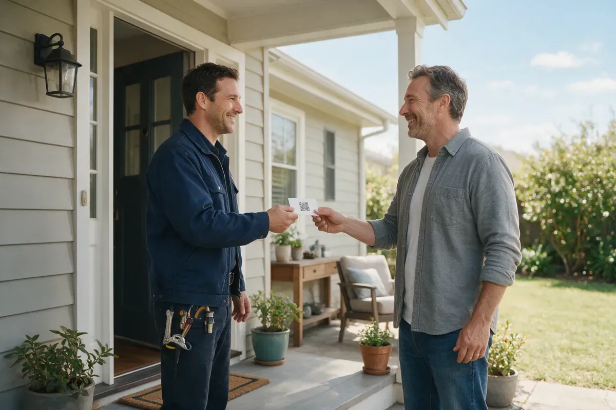 Plumber handing a customer a thank-you card with a Google review QR code after a job