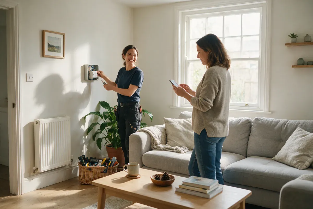 Electrician finishing a job while the homeowner checks her phone