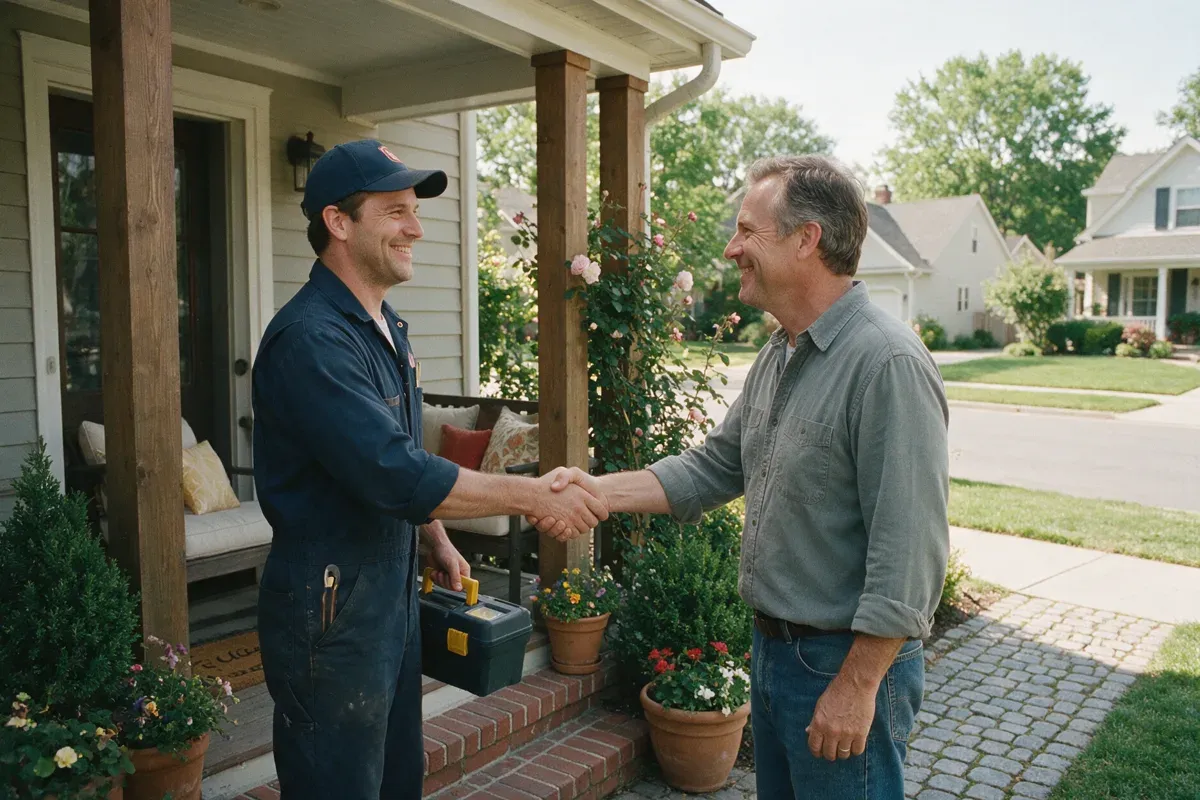 Plumber shaking hands with a homeowner at the front door