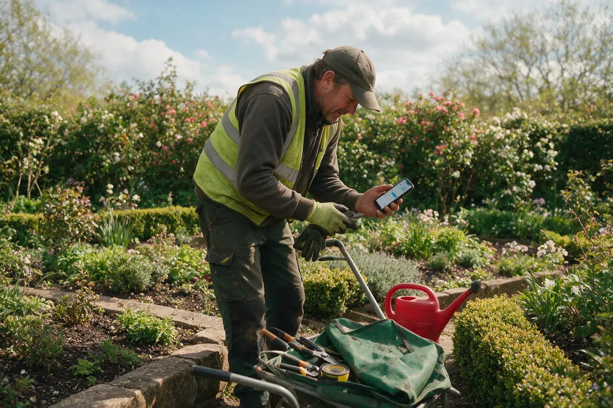 Landscaper replying to a customer message on his phone in a garden