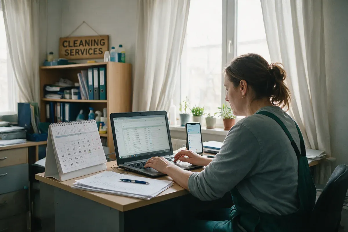 Cleaning company owner reviewing her customer list on a laptop