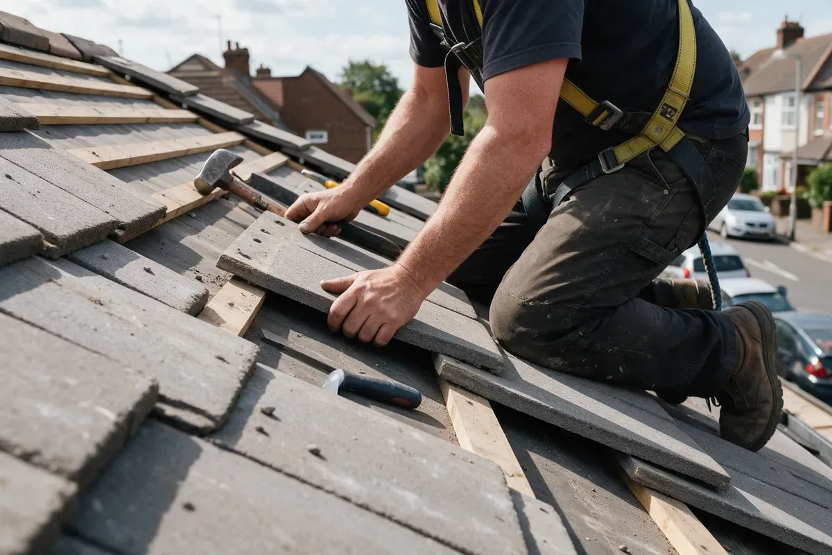 UK roofer fitting roof tiles, illustrating how roofers get roofing leads without paying per lead