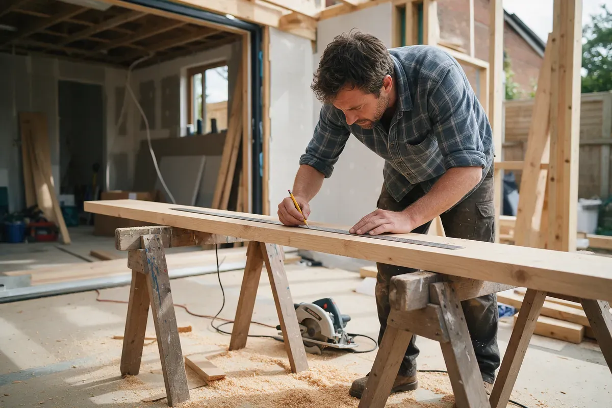 UK builder measuring timber on site, illustrating tradespeople finding work after Rated People closed