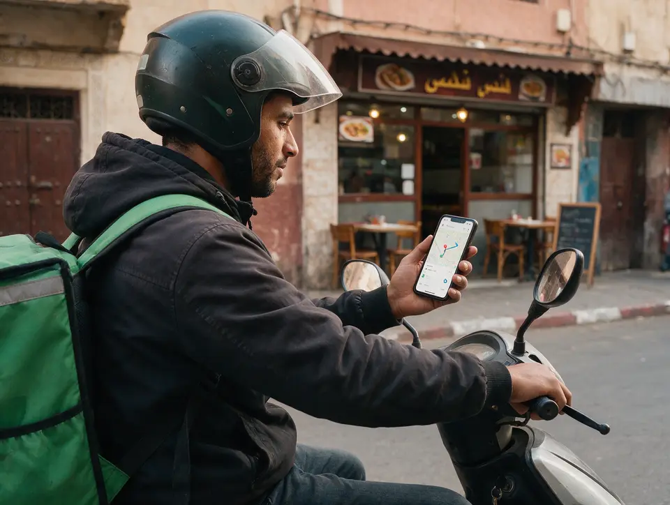 Livreur à scooter consultant une application de livraison au Maroc