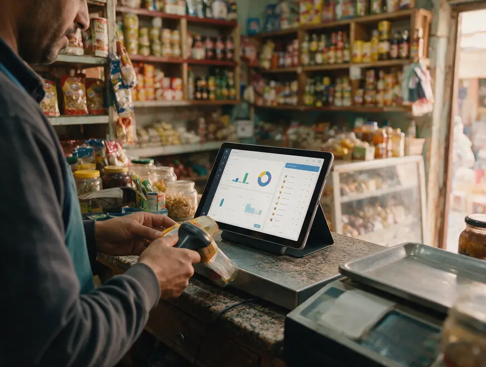 Caisse enregistreuse sur tablette avec tableau de bord de stock dans un commerce au Maroc