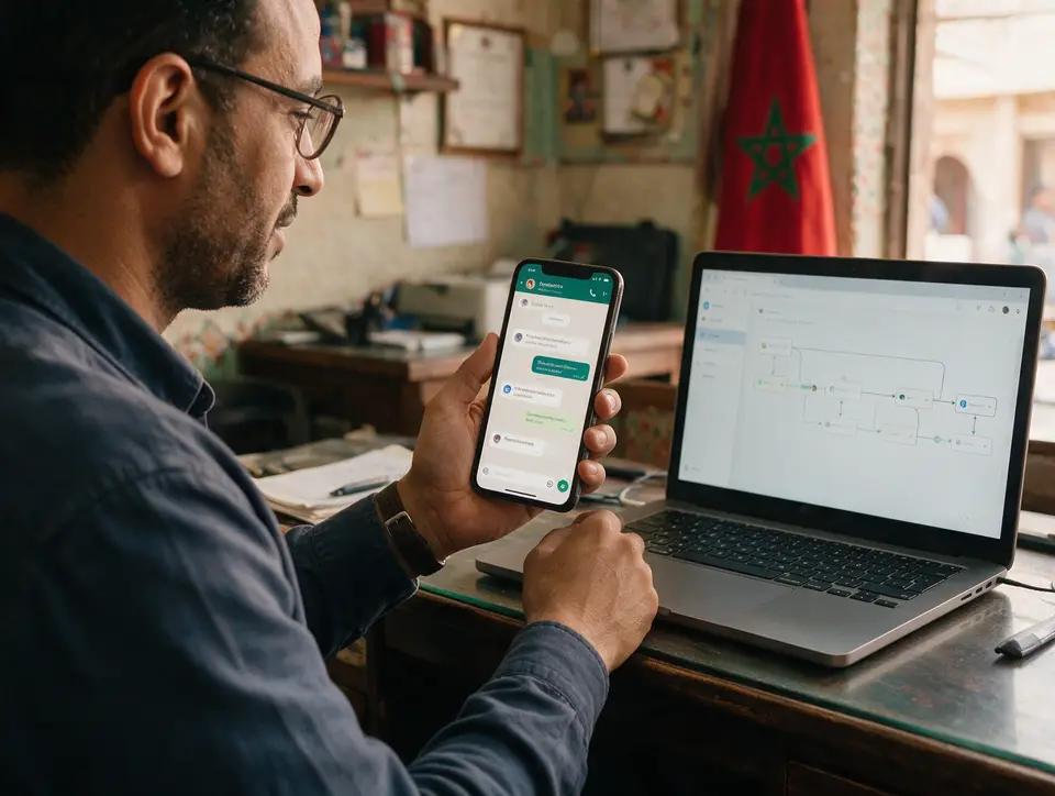 Gérant d’entreprise consultant un chatbot WhatsApp et un tableau d’automatisations